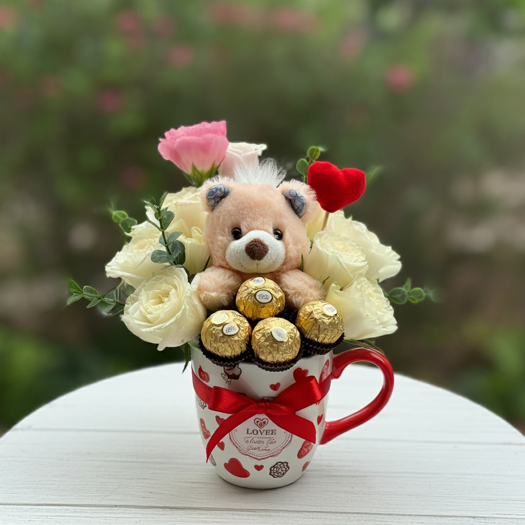 osito de peluche con flores en una taza